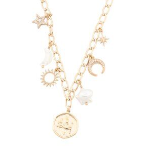 NWT LUNA NORTE Capricorn Gold-Tone Astrological Freshwater Pearl Charm Necklace